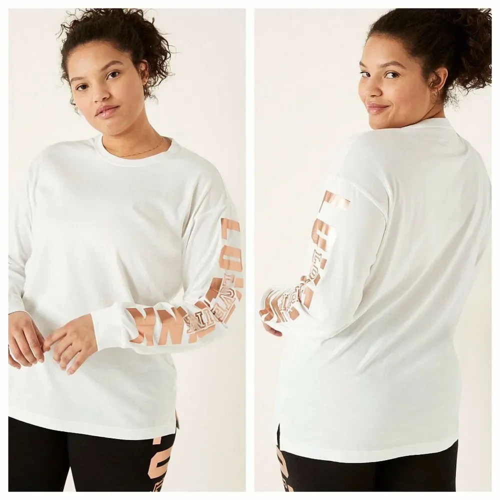 VS VICTORIAS SECRET PINK SHINE CAMPUS LONG SLEEVE TEE TOP ROSE GOLD SHINE XXL - Picture 1 of 7
